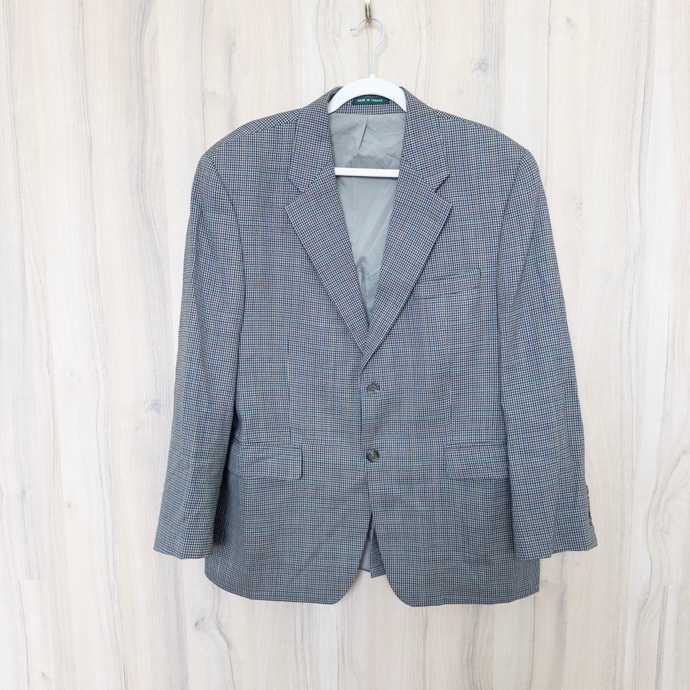 Vintage LRL Ralph Lauren Mens Blazer 42S Grey Houndstooth Two Button Wool Preppy